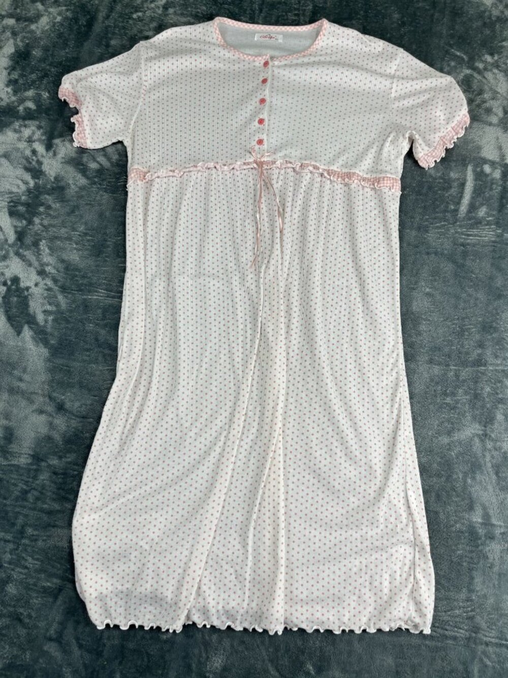 Caress Womens White & Pink Polka Dot Short Sleeve Nightgown Button Front XXXL